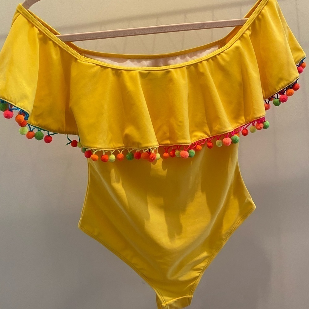 Yellow off shoulder one piece swim suit